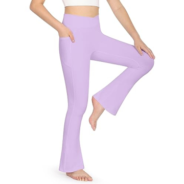 KEREDA Girls Flare Leggings High Waist V Cross Bootcut Yoga Pants Bell Bottoms with Pockets