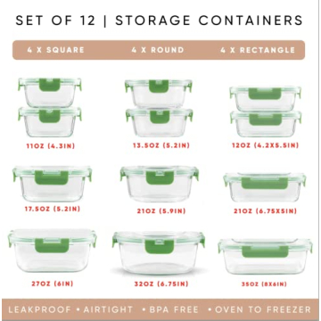 JoyJolt JoyFul 24pc Borosilicate Glass Storage Containers with Lids. 12 Airtight, Freezer Safe Food Storage Containers, Pantry Kitchen Storage Containers, Glass Meal Prep Container for Lunch