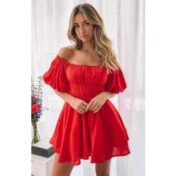 Dokotoo Red Dresses for Women 2025 Fashion Lantern Sleeve Off Shoulder Dresses for Wedding Guest Ruffle Elastic Waist A-Line Casual Plus Size Dress XX-Large