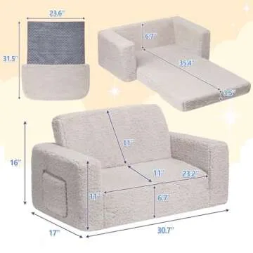 ALIMORDEN Fold Out Toddler Couch, Extra Wide Comfy 2-in-1 Cuddly Sherpa Sofa for Kids, with Removable Baby Friendly Blanket, Convertible Sofa to Bed, Light Grey