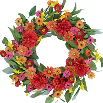 Idyllic 18 Inches Bright Floral Wreath – Artificial Colorful Daisy and Green Leaves Wreath for Sum...