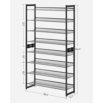 SONGMICS Shoe Rack, 8-Tier Shoe Organizer, Metal Shoe Storage for Garage, Set of 2, 4-Tier Stackable Shoe Shelf, with Adjustable Flat or Angled Shelves, 32-40 Pairs, Black ULMR08B