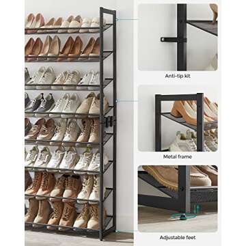 SONGMICS Shoe Rack, 8-Tier Shoe Organizer, Metal Shoe Storage for Garage, Set of 2, 4-Tier Stackable Shoe Shelf, with Adjustable Flat or Angled Shelves, 32-40 Pairs, Black ULMR08B