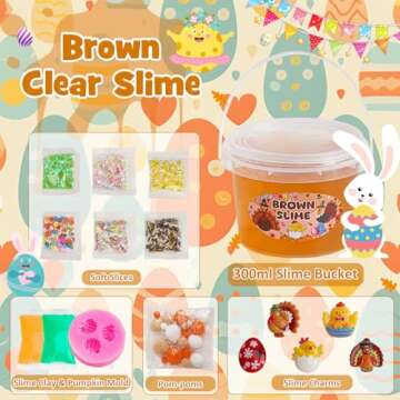 Brown Slime Kit, Clear Slime Bucket with Pumpkin Slime Clay & Turkey Slime Add-ins, Slime Party Favors for Kids, Sensory Toys Girls Gift & Boys Gift, Birthday Easter Hallowmas Christmas Slime