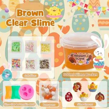 Brown Slime Kit, Clear Slime Bucket with Pumpkin Slime Clay & Turkey Slime Add-ins, Slime Party Favors for Kids, Sensory Toys Girls Gift & Boys Gift, Birthday Easter Hallowmas Christmas Slime
