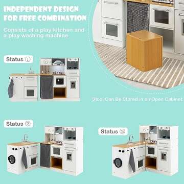 HONEY JOY Kids Kitchen Playset, 2-Piece Modular Wooden Corner Toy Kitchen Set/Washing Machine & Sink...