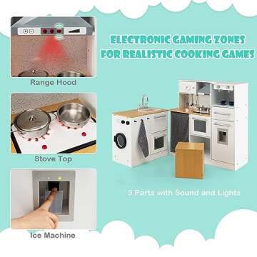 HONEY JOY Kids Kitchen Playset, 2-Piece Modular Wooden Corner Toy Kitchen Set/Washing Machine & Sink, Coffee Maker, Range Hood & Stove, Stool, Little Chef Pretend Play Kitchen for Toddlers, Natural