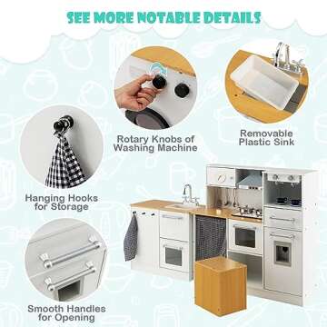 HONEY JOY Kids Kitchen Playset, 2-Piece Modular Wooden Corner Toy Kitchen Set/Washing Machine & Sink, Coffee Maker, Range Hood & Stove, Stool, Little Chef Pretend Play Kitchen for Toddlers, Natural