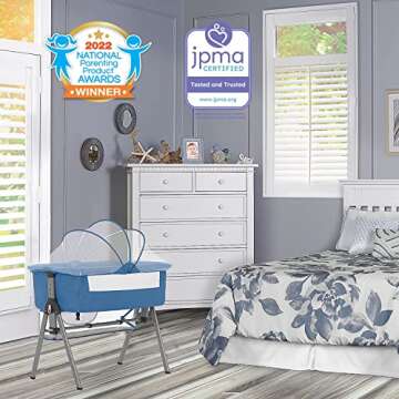 Dream On Me Lotus Bassinet and Bedside Sleeper in Blue, Lightweight and Portable Baby Bassinet, Adju...