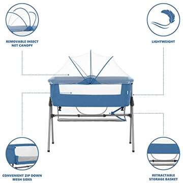 Dream On Me Lotus Bassinet and Bedside Sleeper in Blue, Lightweight and Portable Baby Bassinet, Adjustable Height Position, Easy to Fold and Carry Travel Bassinet- Carry Bag Included