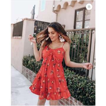 ECOWISH Womens Dresses Floral Spaghetti Strap Tie Knot Front Flowy Pleated Mini Swing Dress Red M
