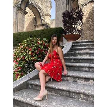 ECOWISH Womens Dresses Floral Spaghetti Strap Tie Knot Front Flowy Pleated Mini Swing Dress Red M