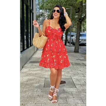 ECOWISH Womens Dresses Floral Spaghetti Strap Tie Knot Front Flowy Pleated Mini Swing Dress Red M