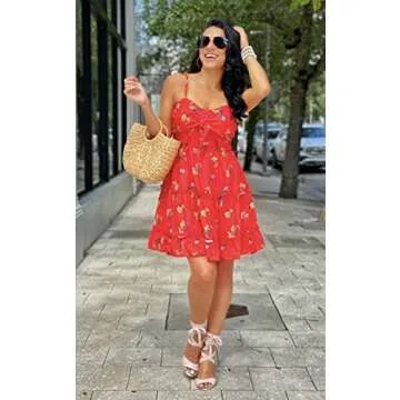 ECOWISH Womens Dresses Floral Spaghetti Strap Tie Knot Front Flowy Pleated Mini Swing Dress Red M