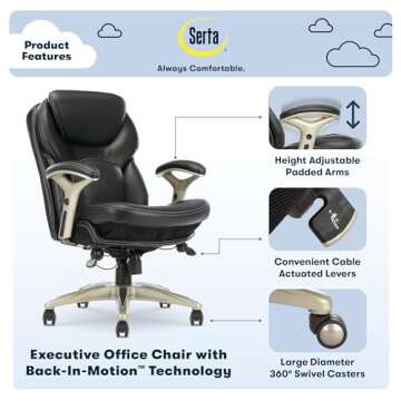 Serta Claremont Ergonomic Executive Office Chair with Back in Motion Technology, Adjustable Mid Back Desk Chair with Lumbar Support, Bonded Leather, Black