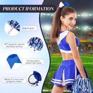 Hanaive 3 Pcs Cheerleading Pom Poms and Large Cheerleader Hair Bow Foil Pompoms Cheer for Team Cheering Squad Dance Rooters Accessories(Blue,Metallic)
