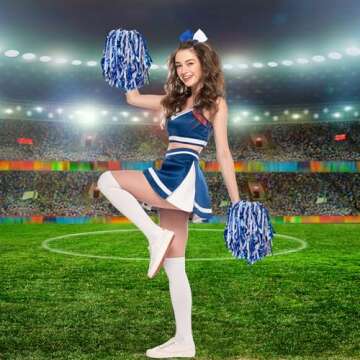 Hanaive 3 Pcs Cheerleading Pom Poms and Large Cheerleader Hair Bow Foil Pompoms Cheer for Team Cheering Squad Dance Rooters Accessories(Blue,Metallic)