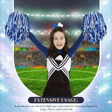 Hanaive 3 Pcs Cheerleading Pom Poms and Large Cheerleader Hair Bow Foil Pompoms Cheer for Team Cheering Squad Dance Rooters Accessories(Blue,Metallic)