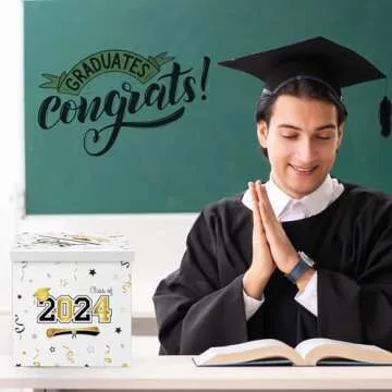 Graduation Card Box Class of 2024 Boxes Congratulations Grad Card Boxes Treat Boxes and 24 Pcs Graduation Gift Greeting Cards for College High School Ceremony Graduation Party (Black and Gold, Cool)