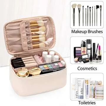 OCHEAL Makeup Bag, Portable Cosmetic Bag, Large Capacity Travel Makeup Case Organizer, Makeup Bags For Women Toiletry Bag for Girls Traveling With Handle and Divider- Beige