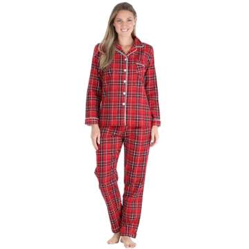 PajamaMania Women's Cotton Flannel Long Sleeve Button-Down Pajamas PJ Set, Red Black Plaid, X-Large