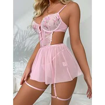 WDIRARA Women's Floral Embroidery Mesh Split Cut Out Babydoll Lingerie Slip Dress Pink Small