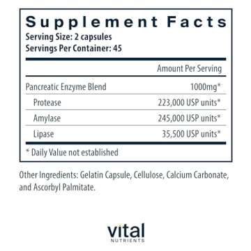 Vital Nutrients Pancreatic Enzymes 1000mg (Full Strength) | Pancreatin Digestion Supplement with Pro...