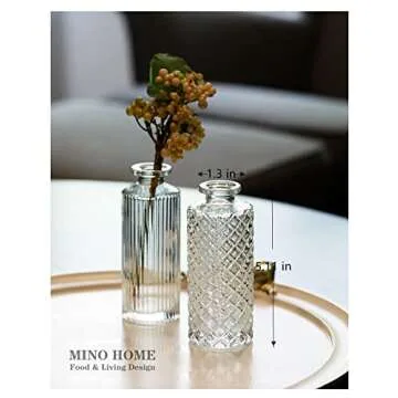 Set of 2 Small Glass Vase for Centerpieces,Embossed Glass Bud Vase Hydroponic Vase,Mini Table Vase Clear Flower Vase Decorative for Wedding Farmhouse Party Home Decor(Clear 2)