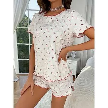 SOLY HUX Pajama Set for Women Cute Print Short Sleeve Tee and Shorts Lounge Sleepwear Beige Cherry S