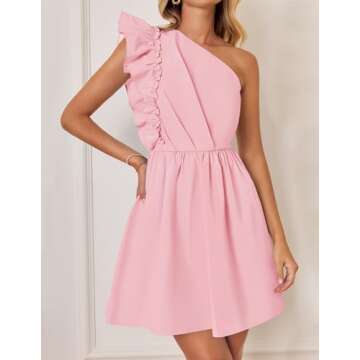 ZESICA Women's Summer One Shoulder Ruffle Dress Boho Sleeveless Elastic High Waist Swing Mini Dresses,Pink,Large