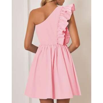 ZESICA Women's Summer One Shoulder Ruffle Dress Boho Sleeveless Elastic High Waist Swing Mini Dresses,Pink,Large