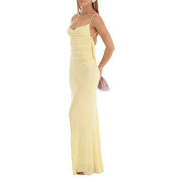 SOLILOQUY Women Lace Up Backless Maxi Dress Sexy Spaghetti Strap Square Neck Slim Evening Party Satin Dress with Slit (Cowl Yellow, S)