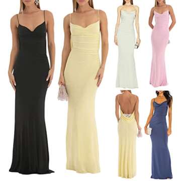 SOLILOQUY Women Lace Up Backless Maxi Dress Sexy Spaghetti Strap Square Neck Slim Evening Party Satin Dress with Slit (Cowl Yellow, S)