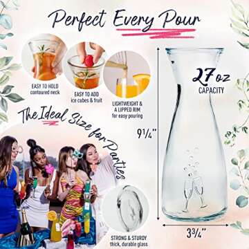 PRESTIGE Mimosa Bar Kit - Glass Carafe with Lids 27oz & Brunch Decor, Mimosa Pitcher w/Plastic Carafe Lid, Bubbly Juice Carafes for Mimosa Bar Supplies, Baby Bridal Shower (Mimosa Set (3 Carafes))