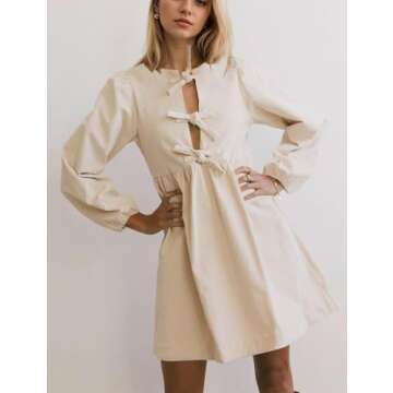 Burtell Women Flowy Bow Tie Front Corduroy Mini Dress Cute Long Puff Sleeve Ruffle Hem Short Dress Solid A-line Tunic Dress