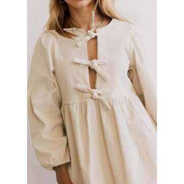 Burtell Women Flowy Bow Tie Front Corduroy Mini Dress Cute Long Puff Sleeve Ruffle Hem Short Dress Solid A-line Tunic Dress