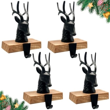 Set of 4 Christmas Stocking Holders for Mantle 3D Reindeer Xmas Fireplace Stocking Hangers Metal Dee...