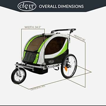 ClevrPlus Deluxe 3-in-1 Double 2 Seat Bicycle Bike Trailer Jogger Stroller for Kids Children | Foldable w/Pivot Front Wheel, Green