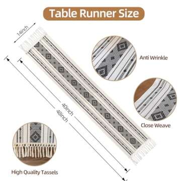 Crisjanggo Farmhouse Table Runner with Tassels Cotton Boho Decor 48 Inches Black Macrame Woven Table Decor for Dining Holiday Party Bridal Shower