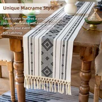 Crisjanggo Farmhouse Table Runner with Tassels Cotton Boho Decor 48 Inches Black Macrame Woven Table Decor for Dining Holiday Party Bridal Shower