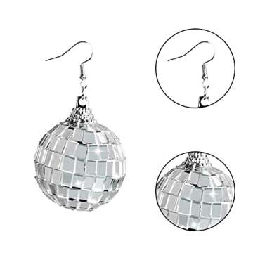 Disco Ball Earrings Silver Mirror Ball Earrings 60's or 70's Silver Disco Ball Earrings for Women's Costume Accessories Halloween Earrings for Women Disco Outfit Accessories, Zinc, alloy