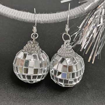 Disco Ball Earrings Silver Mirror Ball Earrings 60's or 70's Silver Disco Ball Earrings for Women's Costume Accessories Halloween Earrings for Women Disco Outfit Accessories, Zinc, alloy