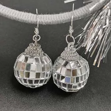 Disco Ball Earrings Silver Mirror Ball Earrings 60's or 70's Silver Disco Ball Earrings for Women's Costume Accessories Halloween Earrings for Women Disco Outfit Accessories, Zinc, alloy