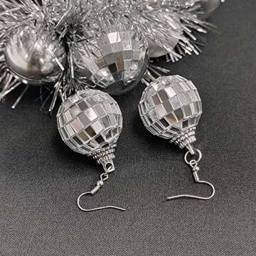 Disco Ball Earrings Silver Mirror Ball Earrings 60's or 70's Silver Disco Ball Earrings for Women's Costume Accessories Halloween Earrings for Women Disco Outfit Accessories, Zinc, alloy