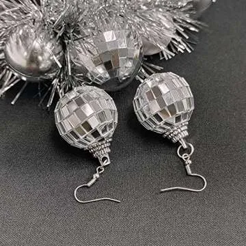 Disco Ball Earrings Silver Mirror Ball Earrings 60's or 70's Silver Disco Ball Earrings for Women's Costume Accessories Halloween Earrings for Women Disco Outfit Accessories, Zinc, alloy