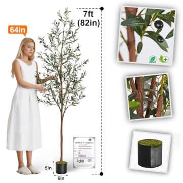Aveyas 7ft Artificial Olive Tree for Home Decor, 7 Feet Large Faux Plant Fake Skinny Silk Trees with...