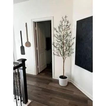 Aveyas 7ft Artificial Olive Tree for Home Decor, 7 Feet Large Faux Plant Fake Skinny Silk Trees with Black Olivo for Indoor Outdoor House Living Room Office (7 ft Tall)