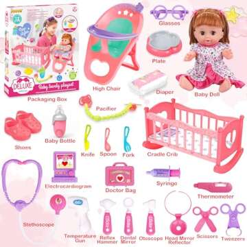 Baby Doll Toys Set, 14" Doll Toys, 25Pcs Doll Care Toy Playset, Toddlers Toy Doll Set Incl Cradle Cr...