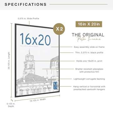 MCS Original Poster Frame 16x20 Black Lightweight Vertical & Horizontal Wall Hanging Large Picture Frame for Posters, Art Prints & Gallery Wall (2-Pack)