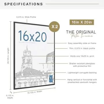 MCS Original Poster Frame 16x20 Black Lightweight Vertical & Horizontal Wall Hanging Large Picture Frame for Posters, Art Prints & Gallery Wall (2-Pack)